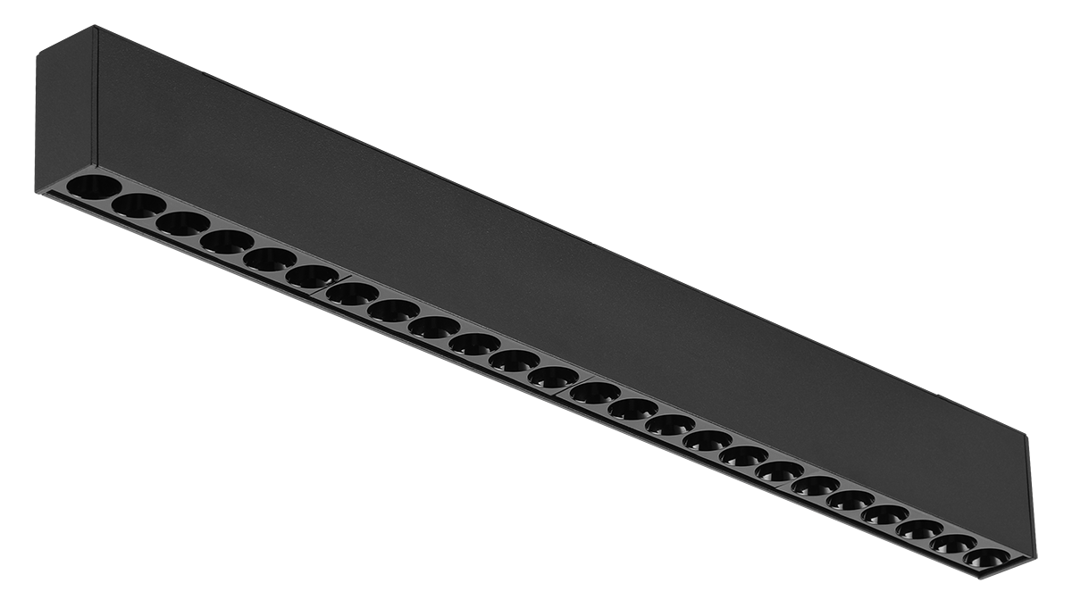 black linear surface-mounted LED light with multiple recessed round lenses