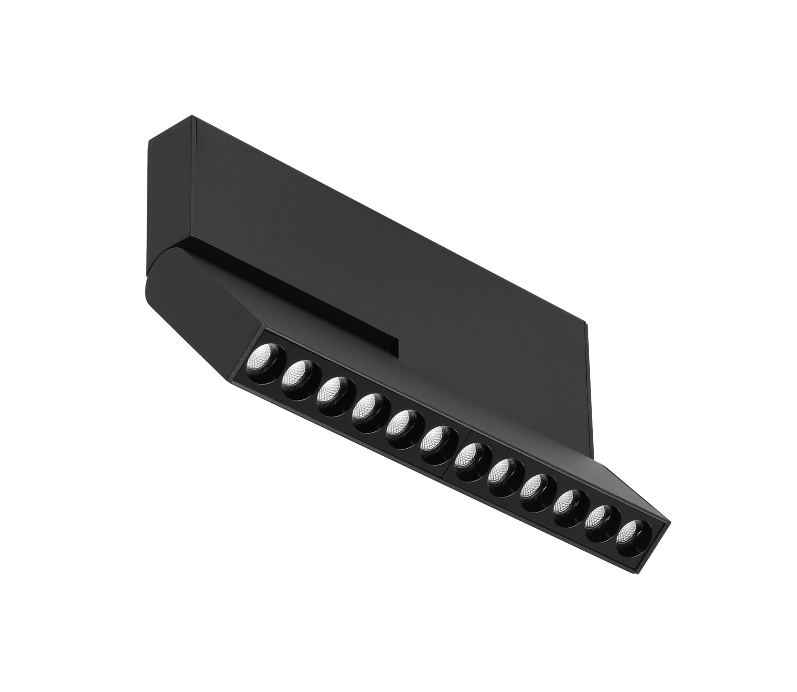 Black linear LED spotlight fixture with multiple adjustable lenses, modern architectural lighting solution by Nuordic for commercial and residential spaces