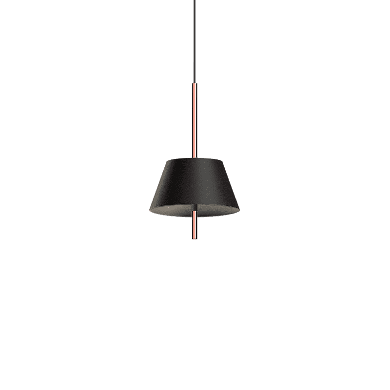 Modern black pendant light with conical shade and slim metallic suspension rod on a dark background
