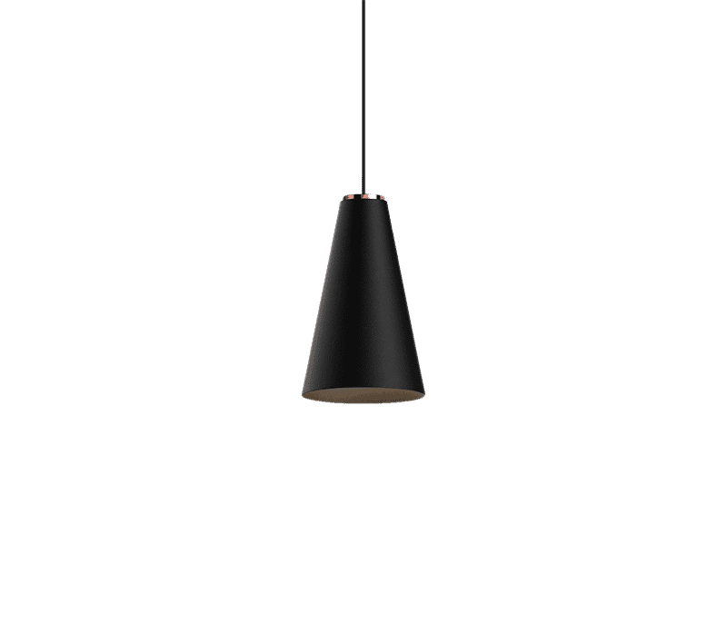 Black cone-shaped pendant light with slim suspension cable on a dark background
