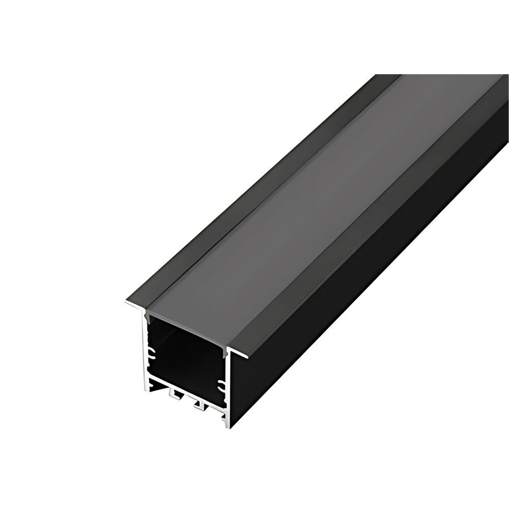 Black recessed aluminum LED profile with diffuser cover for linear ceiling lighting
