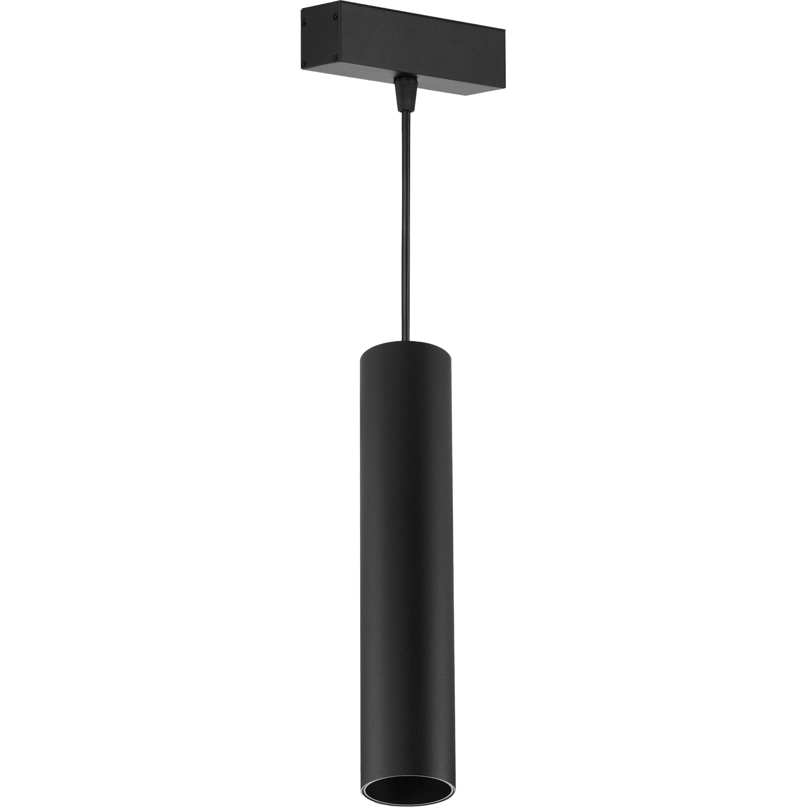 Black cylindrical pendant ceiling light with rectangular canopy