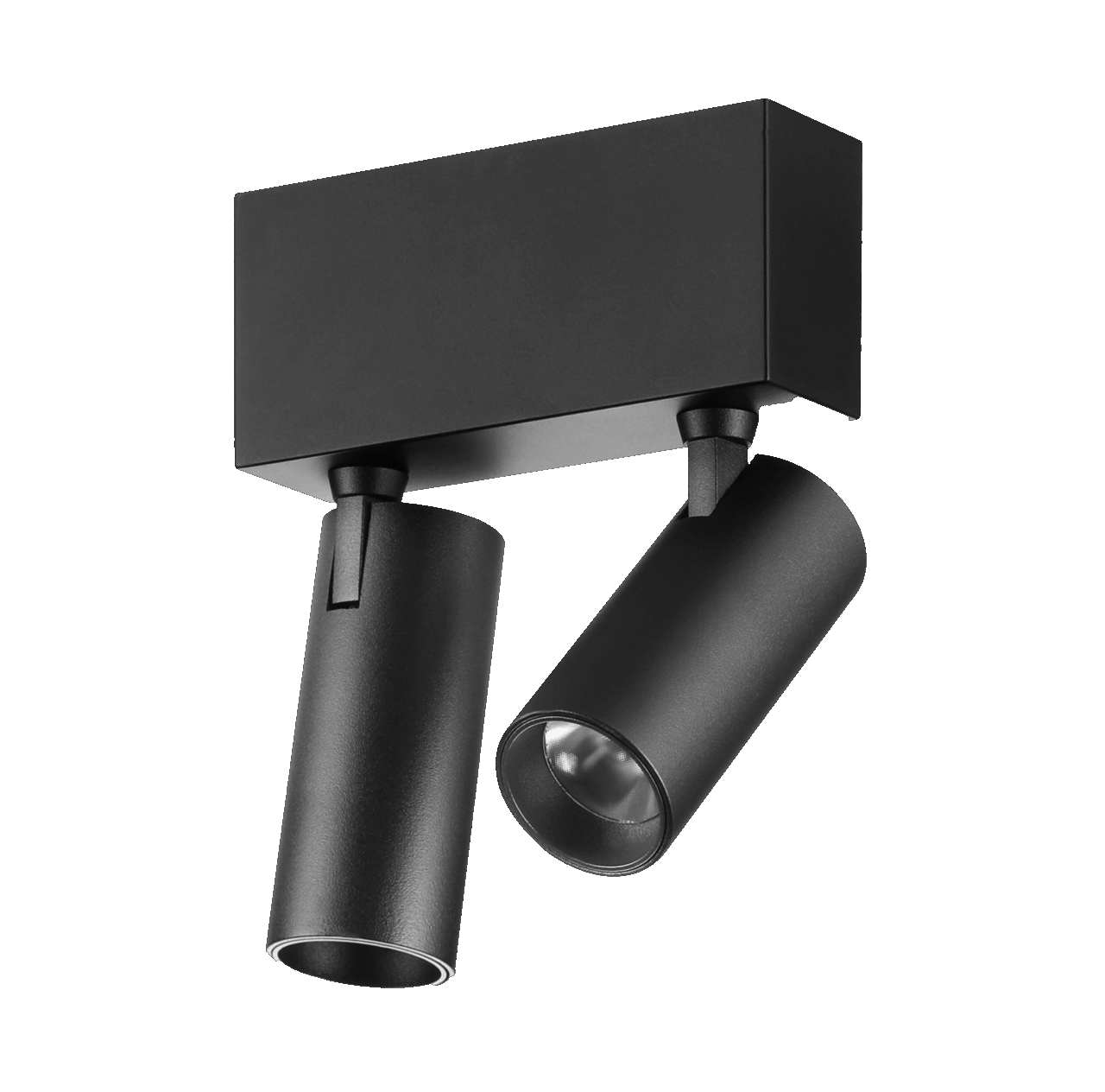Black dual adjustable surface-mounted LED spotlight with rectangular base and cylindrical heads for modern Nordic interior lighting isolated on black background